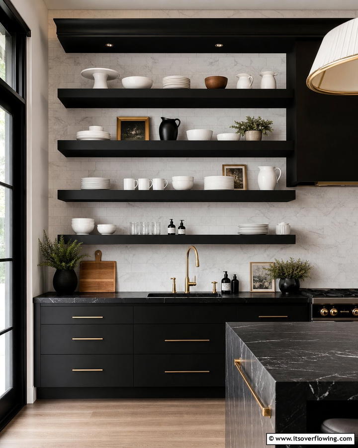 Black Shelves for a Bold Statement - 25 Open Shelving Kitchen Ideas for a Modern Look