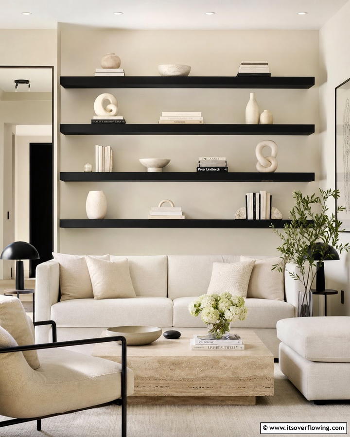 Black Shelves with Cream Accessories - 25 Cream and Black Living Room Ideas for Elegance