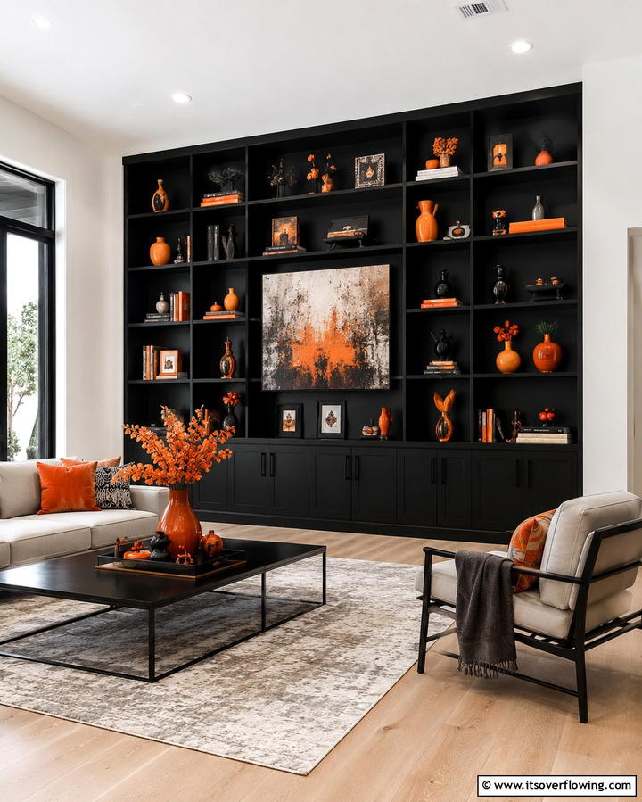 Black Shelves with Orange Decor - 25 Black and Orange Living Room Ideas for a Bold Statement