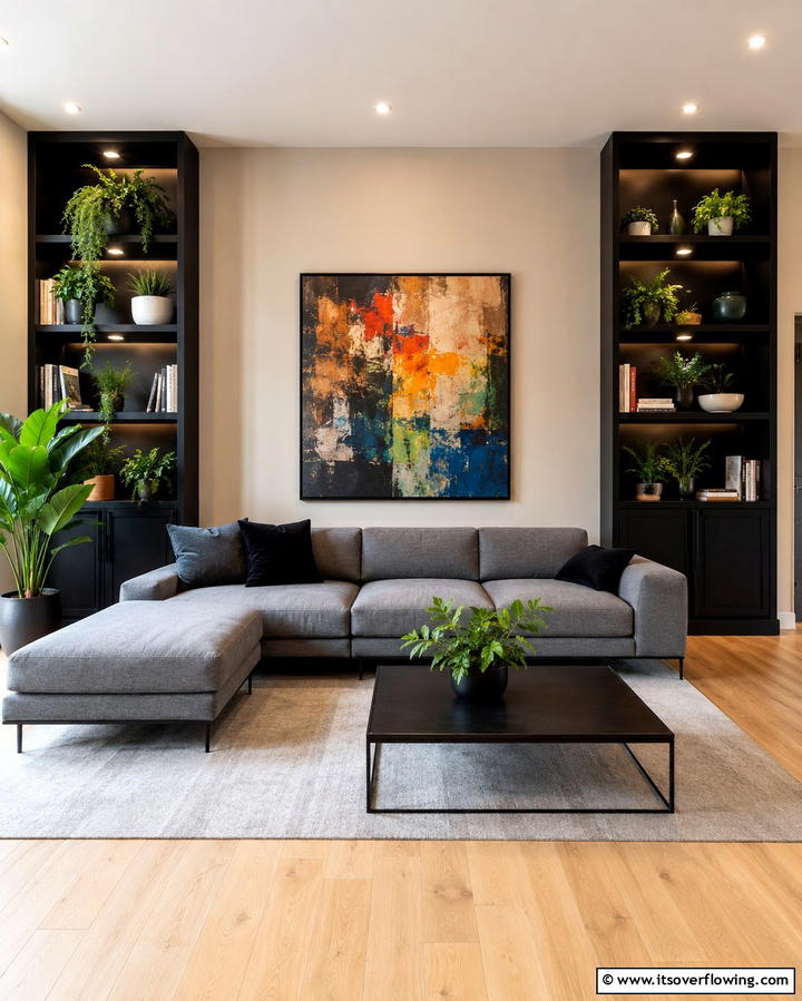 Black Shelving Units - 30 Bold Black Living Room Designs for Dramatic Modern Spaces