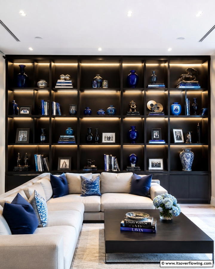 Black Shelving Units with Blue Decor Items - 25 Bold Black and Blue Living Room Ideas for a Statement