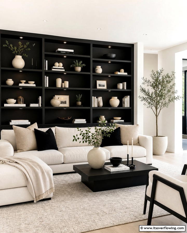 Black Shelving Units - 25 Cream and Black Living Room Ideas for Elegance