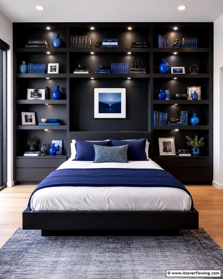 Black Shelving with Blue Accents - 25 Black and Blue Bedroom Ideas for a Bold Statement