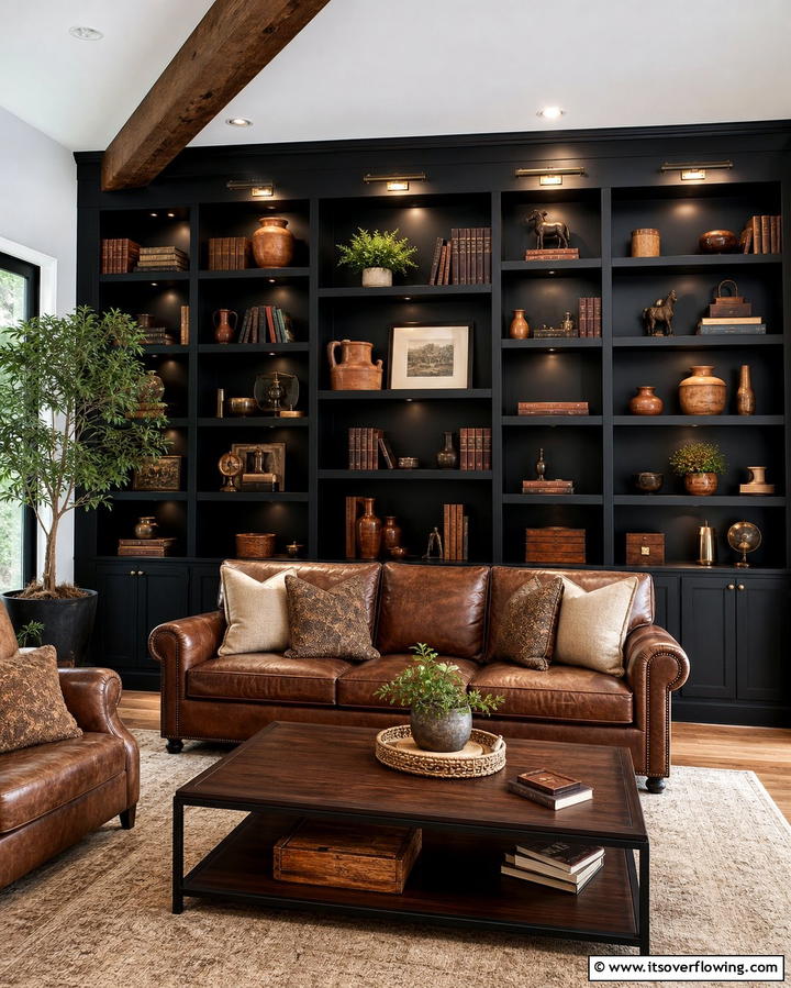 Black Shelving with Brown Decor - 25 Chic Black and Brown Living Room Ideas for Modern Homes