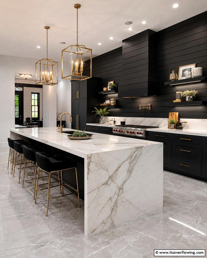 Black Shiplap with a Marble Island - 20 Kitchen Shiplap Ideas with Kitchen Island Designs