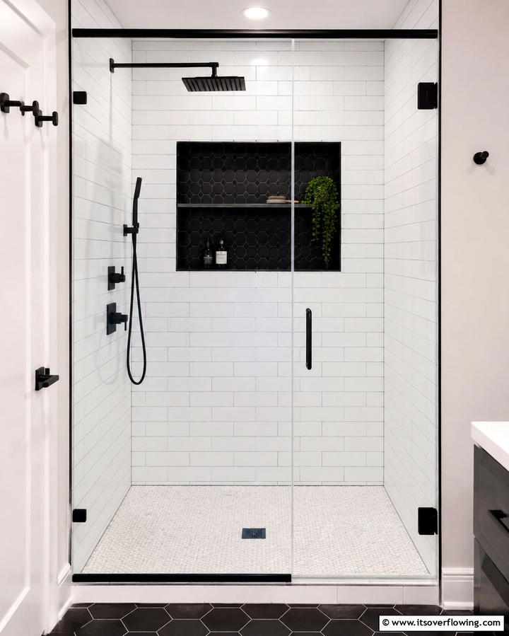 Black Shower Niche - 30 Striking Black & White Bathroom Tile Designs for Timeless Style