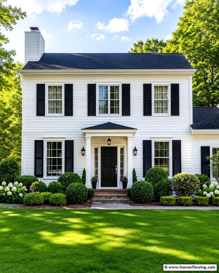 Black Shutters and Doors for a Cohesive Look - 25 White House Ideas with Black Doors for Contrast