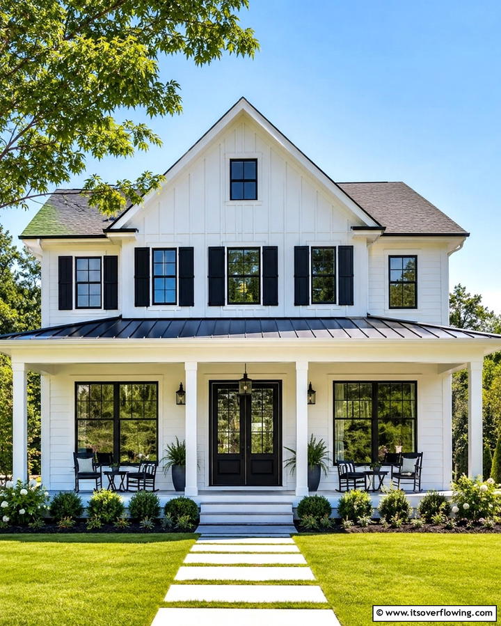 Black Shutters to Complement Black Window Frames - 25 White Farmhouse with Black Windows Ideas