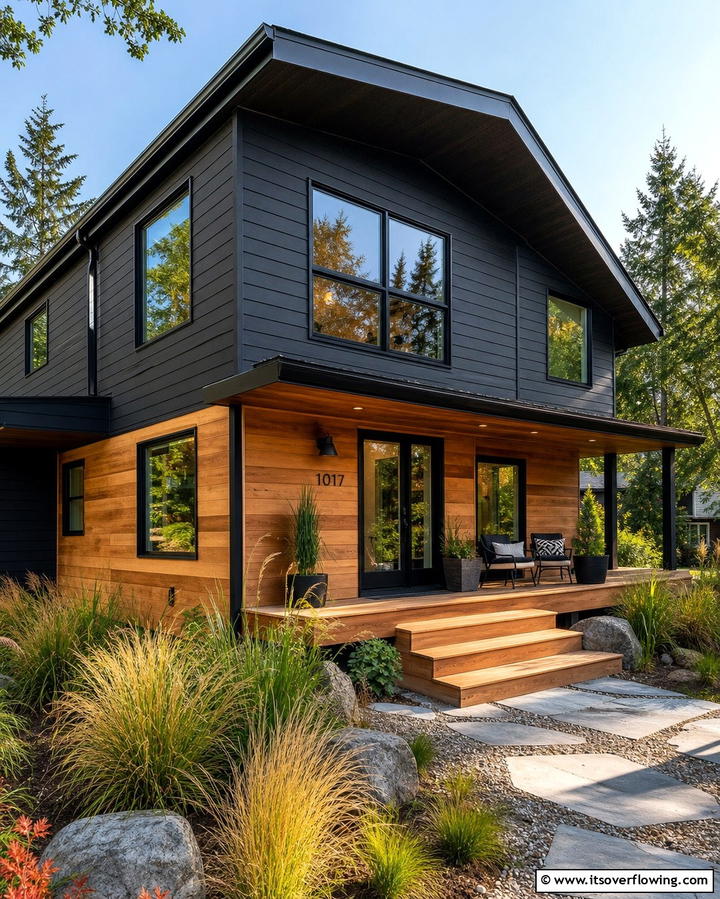 Black Siding with Horizontal Wood Paneling - 25 Black Siding House Ideas for a Bold and Modern Look