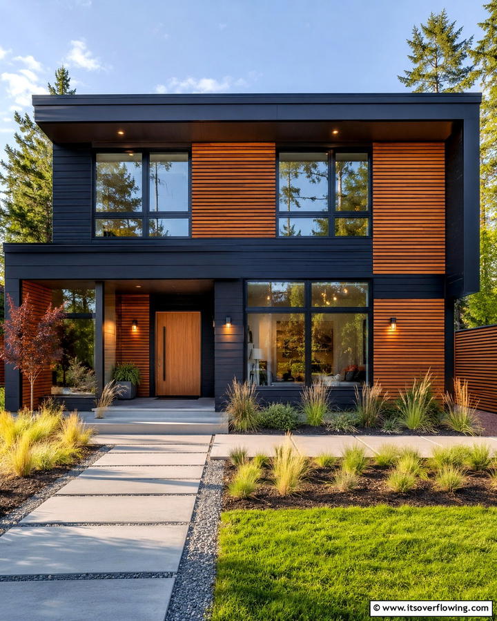 Black Siding with Horizontal Wooden Slats - 25 Black House With Wood Accents Ideas for a Bold Design