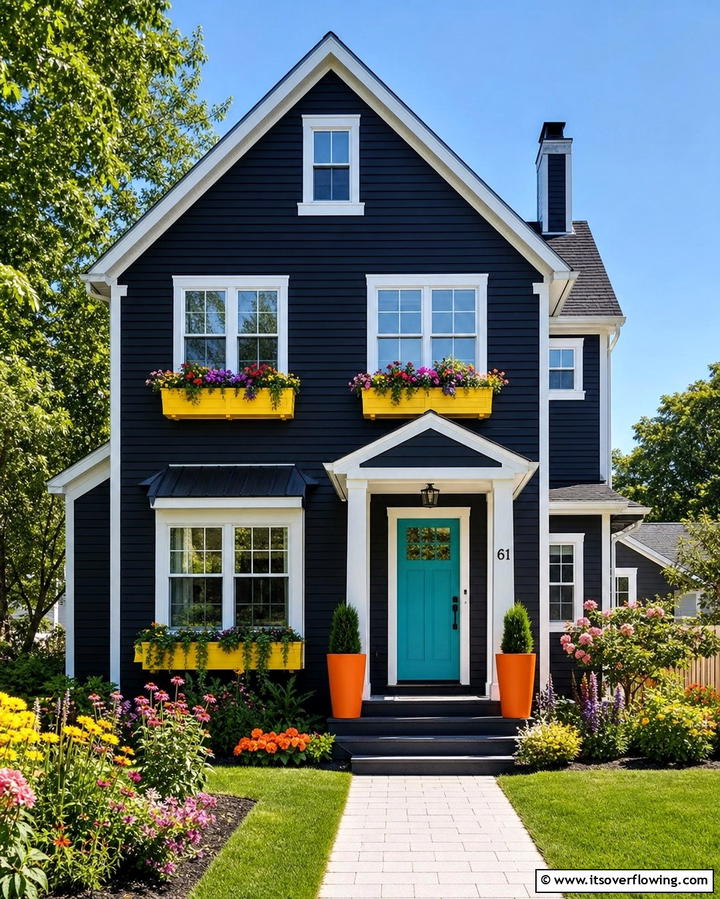 Black Siding with Pops of Bright Color - 25 Black Siding House Ideas for a Bold and Modern Look