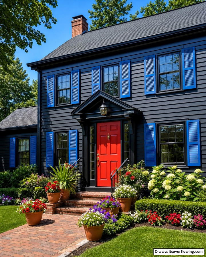 Black Siding with Pops of Color - 25 Black Siding House Ideas for a Bold and Modern Look