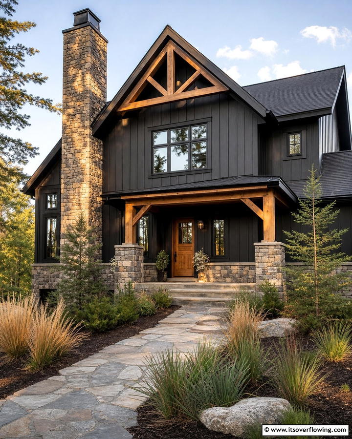 Black Siding with Stone Accents - 25 Black Siding House Ideas for a Bold and Modern Look