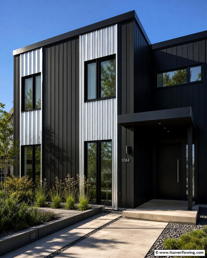 Black Siding with Vertical Metal Panels - 25 Black Siding House Ideas for a Bold and Modern Look