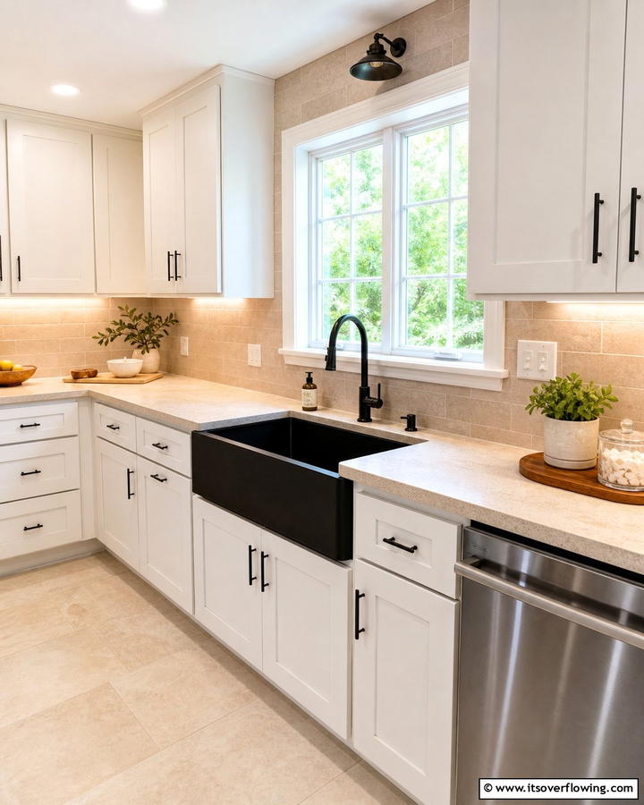 Black Sink with Beige Countertops - 20 Black and Beige Kitchen Ideas for a Timeless Look