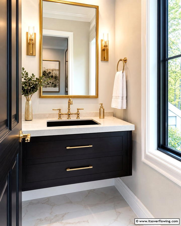 Black Sink with Gold Fixtures - 25 Luxurious Black and Gold Powder Room Ideas for Elegance