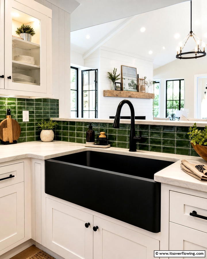 Black Sink with Green Tile Surround - 25 Black and Green Kitchen Ideas for Bold Design