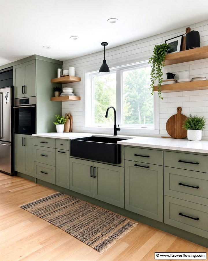 Black Sink with Sage Green Cabinets - 20 Sage Green and Black Kitchen Ideas for a Modern Feel