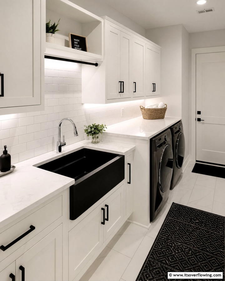 Black Sink with White Surroundings - 20 Black and White Laundry Room Ideas for Style