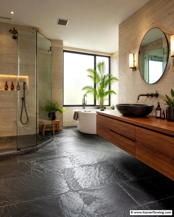 Black Slate Flooring for a Natural Look - 25 Black Floor Bathroom Ideas for a Bold Look