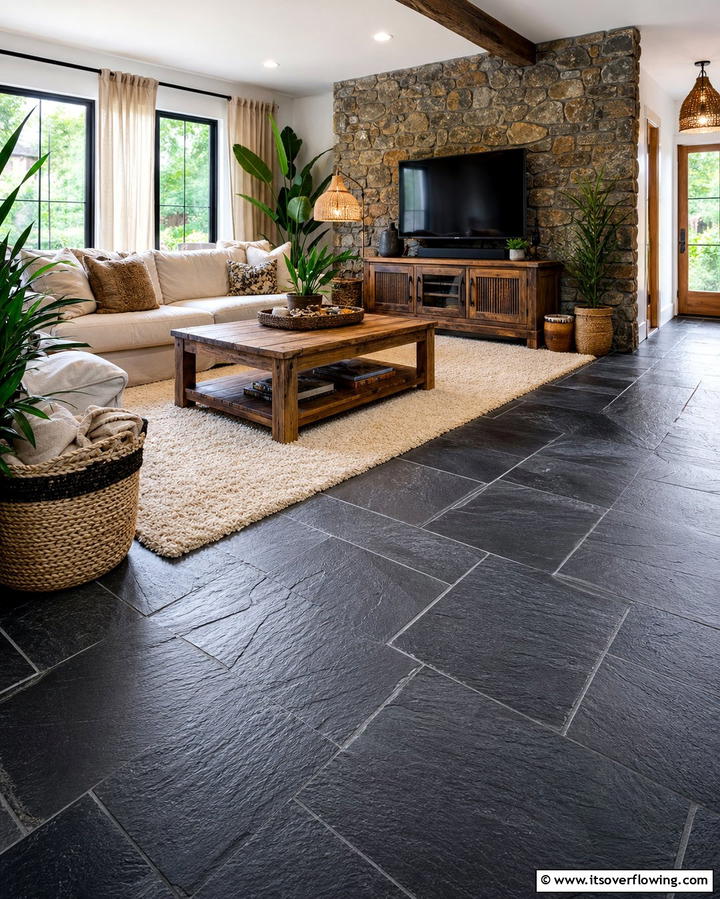 Black Slate Flooring for a Rustic Feel - 25 Black Floor Living Room Ideas for a Modern Aesthetic