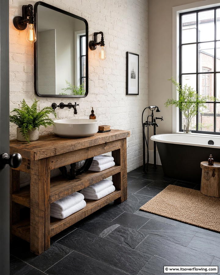 Black Slate Floors with White Brick Walls - 20 Black Floor Bathroom With White Walls Ideas for Contrast