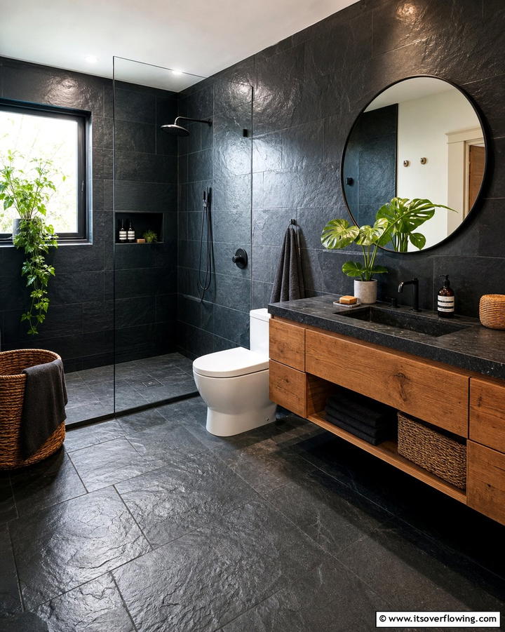 Black Slate Tiles for Natural Texture - 25 Stylish Black Tile Bathroom Ideas