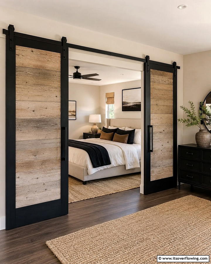 Black Sliding Barn Door with Beige Panels - 25 Elegant Black and Beige Bedroom Design Ideas