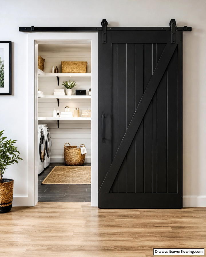 Black Sliding Barn Door - 30 Stylish Black Laundry Room Ideas for a Modern Utility Space