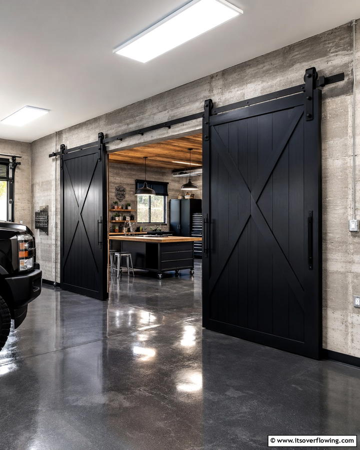 Black Sliding Barn Doors - 25 Black Garage Ideas for a Sleek and Functional Space