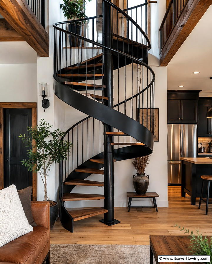 Black Spiral Staircase with Wooden Accents - 25 Black Staircase Ideas for Modern Homes