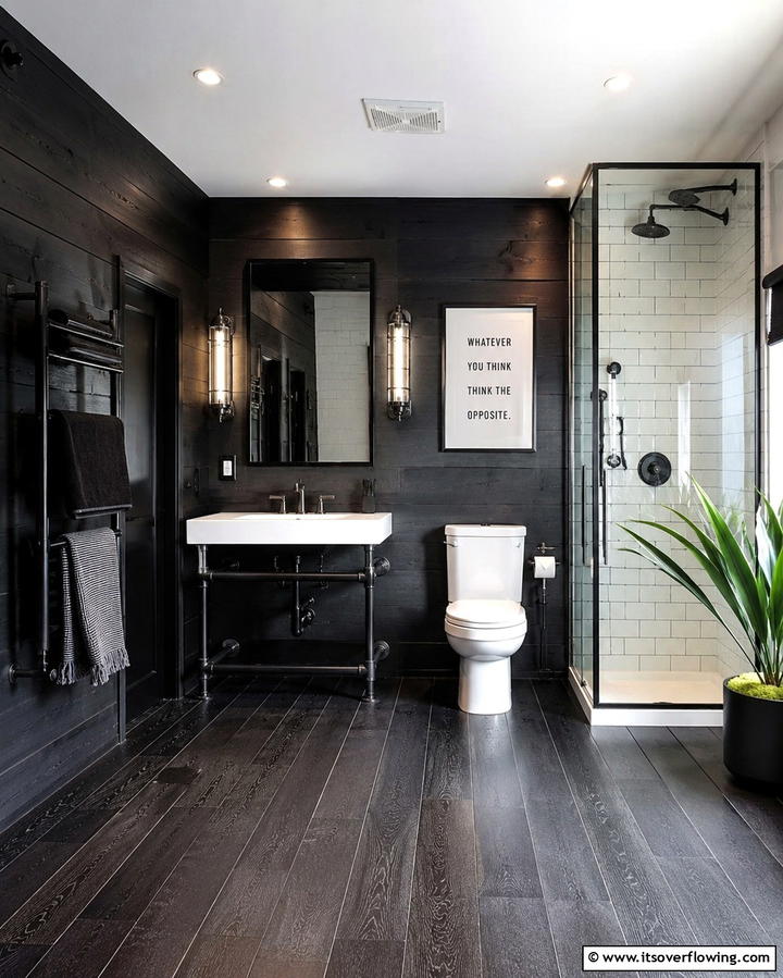 Black Stained Wood for Bold Statements - 30 Wood Floor Ideas for Bathrooms- Warmth Meets Function