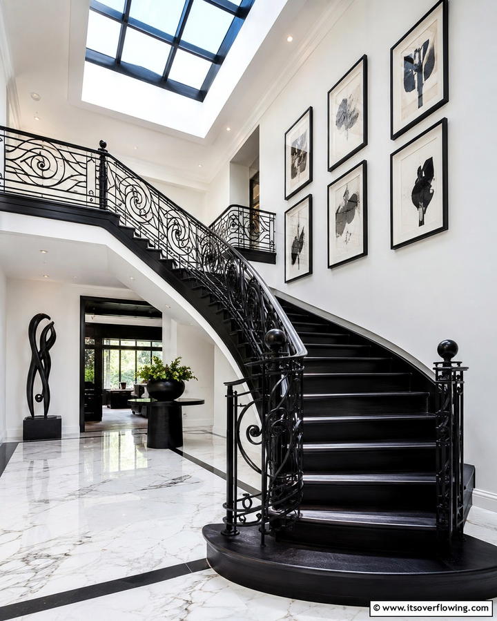 Black Staircase with Artistic Railings - 25 Black Staircase Ideas for Modern Homes