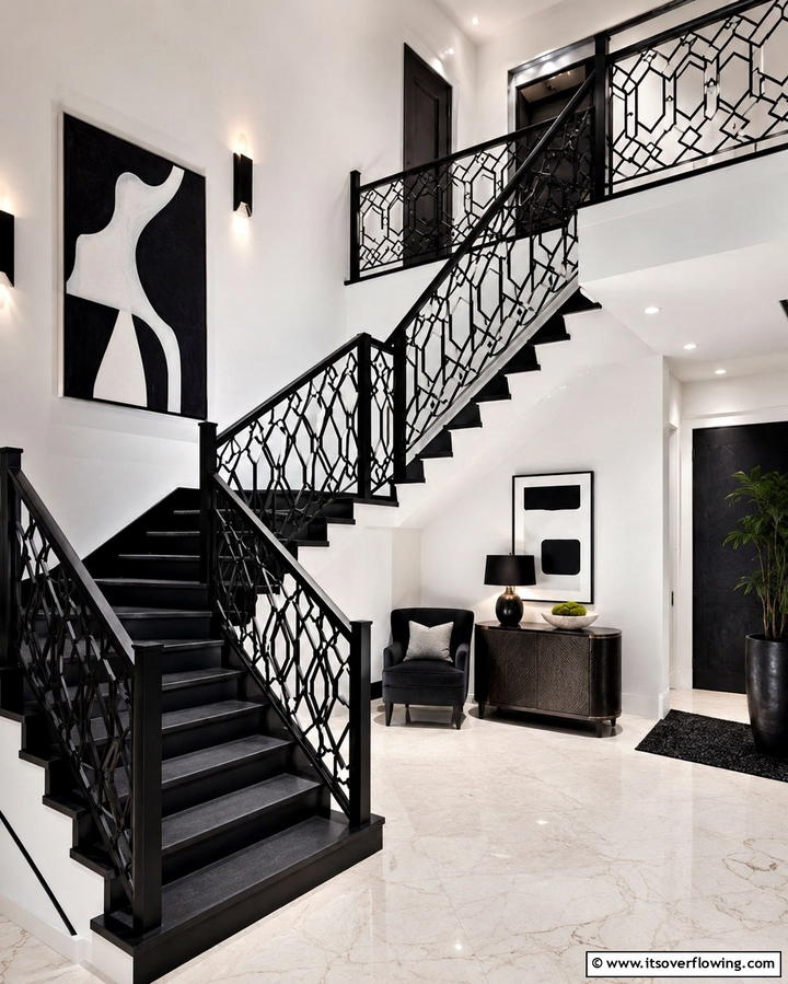 Black Staircase with Bold Geometric Railings - 25 Black Staircase Ideas for Modern Homes