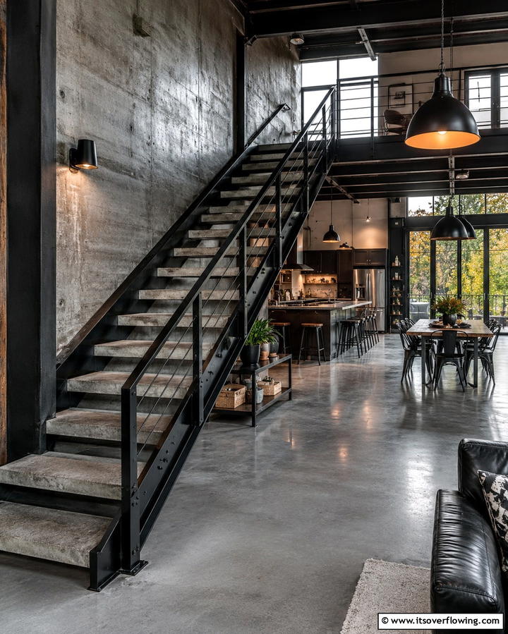 Black Staircase with Concrete Elements - 25 Black Staircase Ideas for Modern Homes