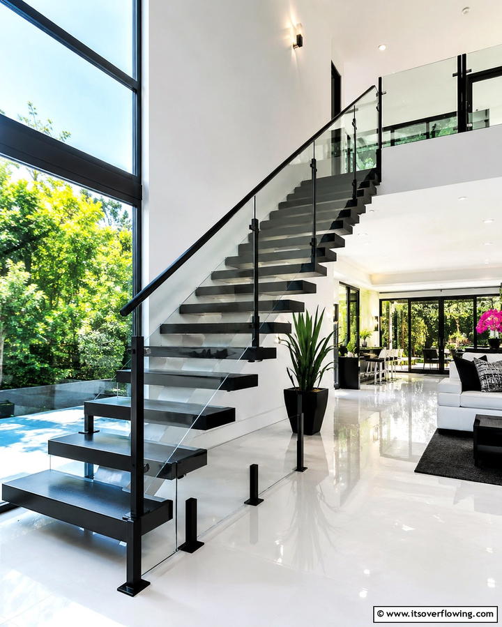 Black Staircase with Glass Balustrades - 25 Black Staircase Ideas for Modern Homes
