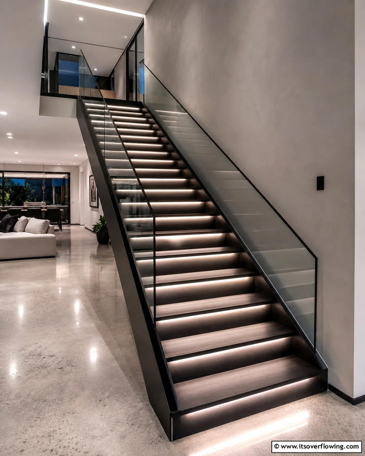 Black Staircase with Glass Panel Railings - 25 Black Staircase Ideas for Modern Homes