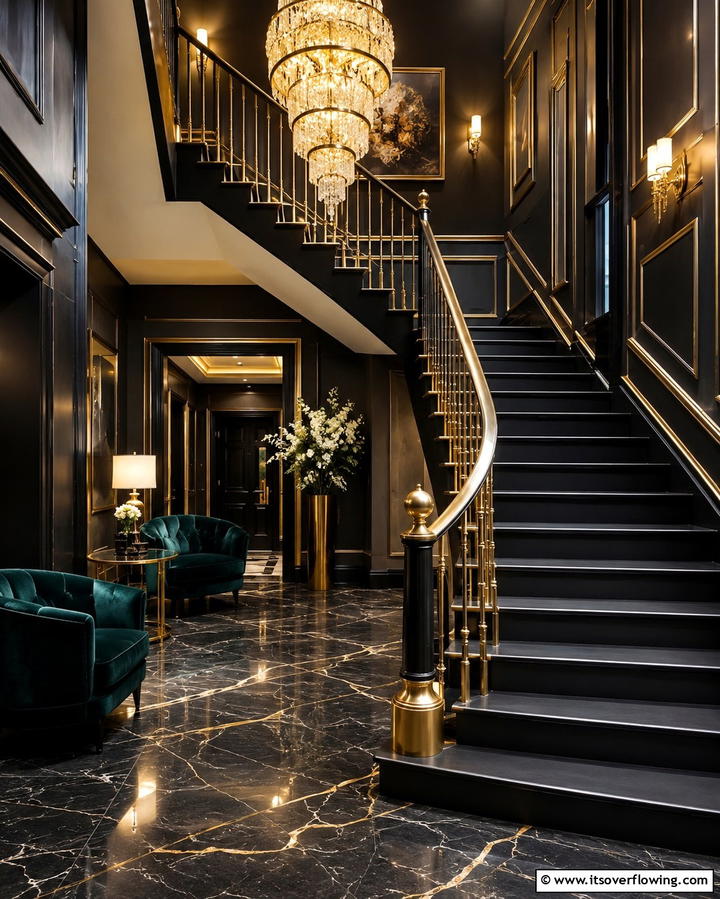Black Staircase with Gold Accents - 25 Black Staircase Ideas for Modern Homes