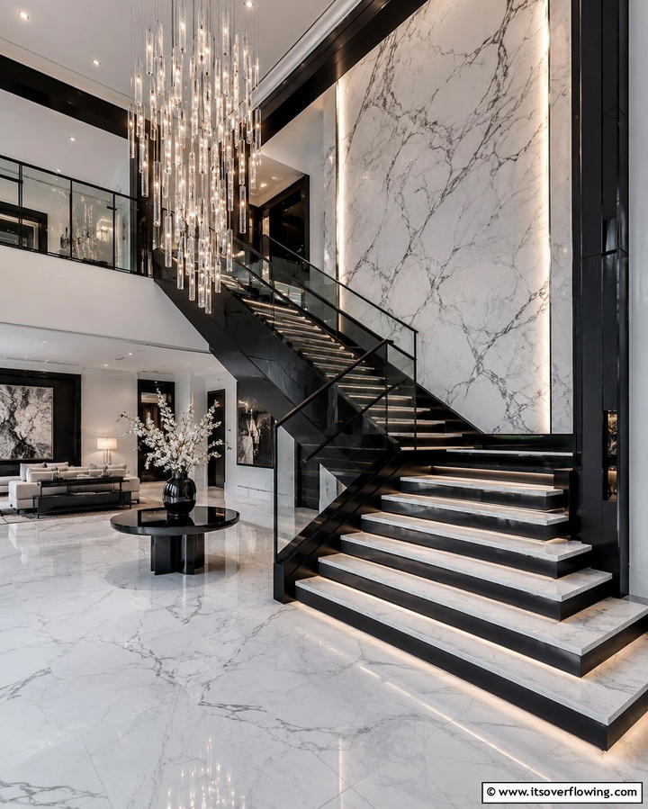 Black Staircase with Marble Accents - 25 Black Staircase Ideas for Modern Homes