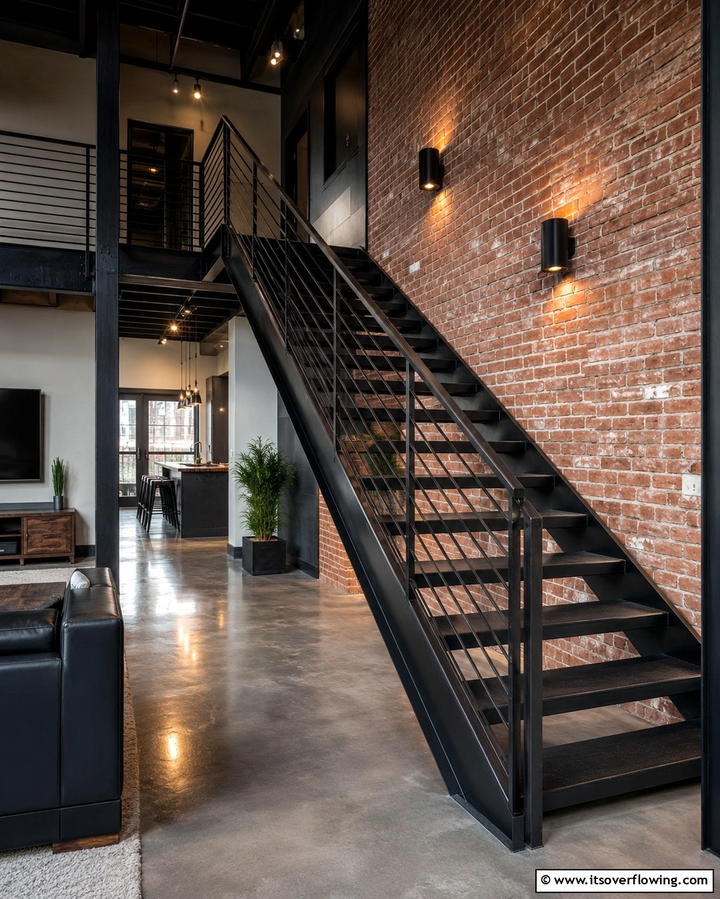 Black Staircase with Metal Railings - 25 Black Staircase Ideas for Modern Homes
