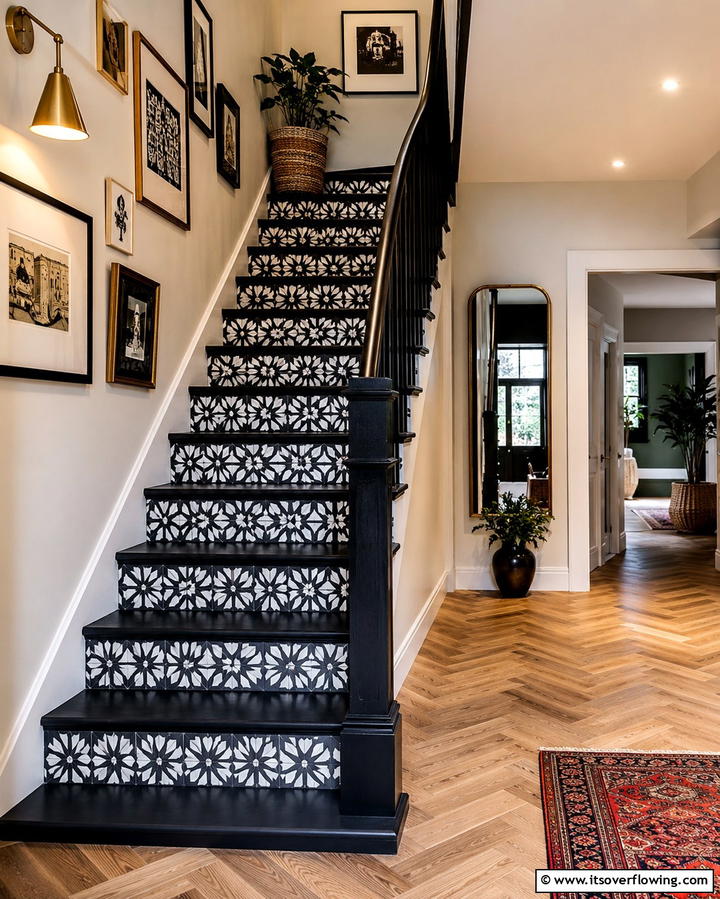 Black Staircase with Patterned Risers - 25 Black Staircase Ideas for Modern Homes