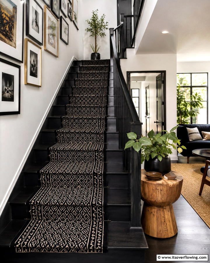 Black Staircase with Patterned Runners - 25 Black Staircase Ideas for Modern Homes