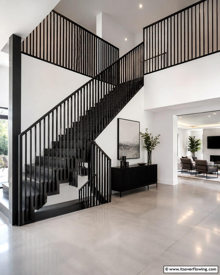 Black Staircase with Vertical Slat Railings - 25 Black Staircase Ideas for Modern Homes