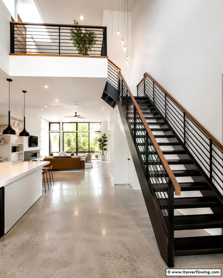Black Staircase with Wooden Handrails - 25 Black House With Wood Accents Ideas for a Bold Design