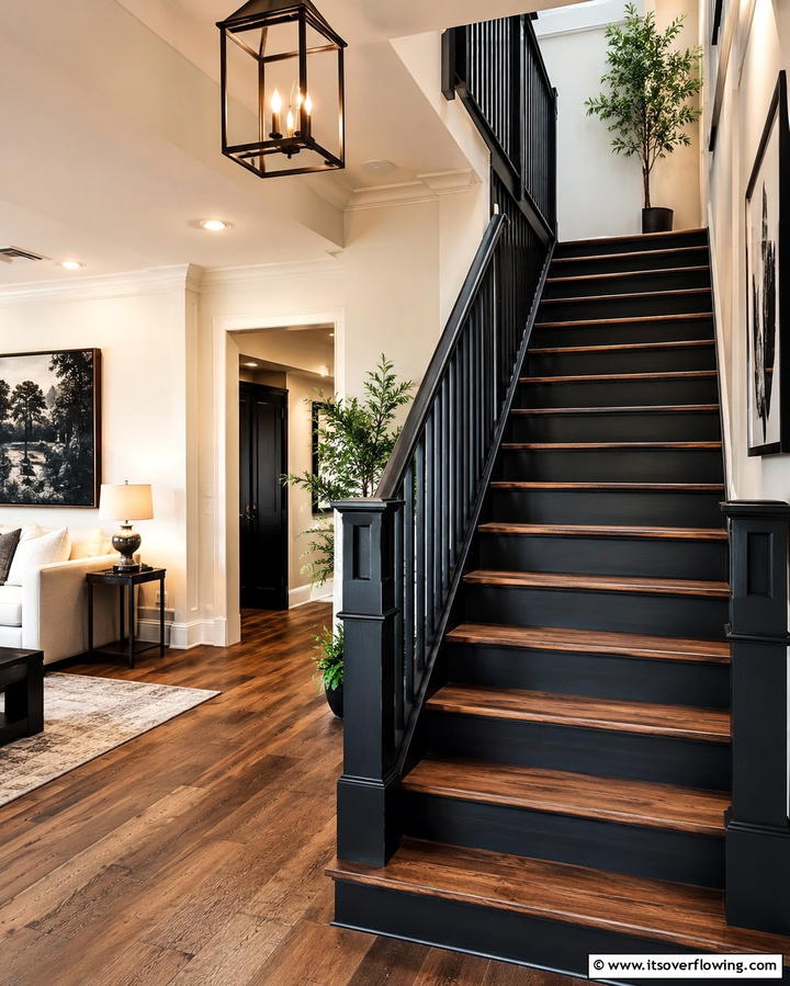 Black Staircase with Wooden Treads - 25 Black Staircase Ideas for Modern Homes