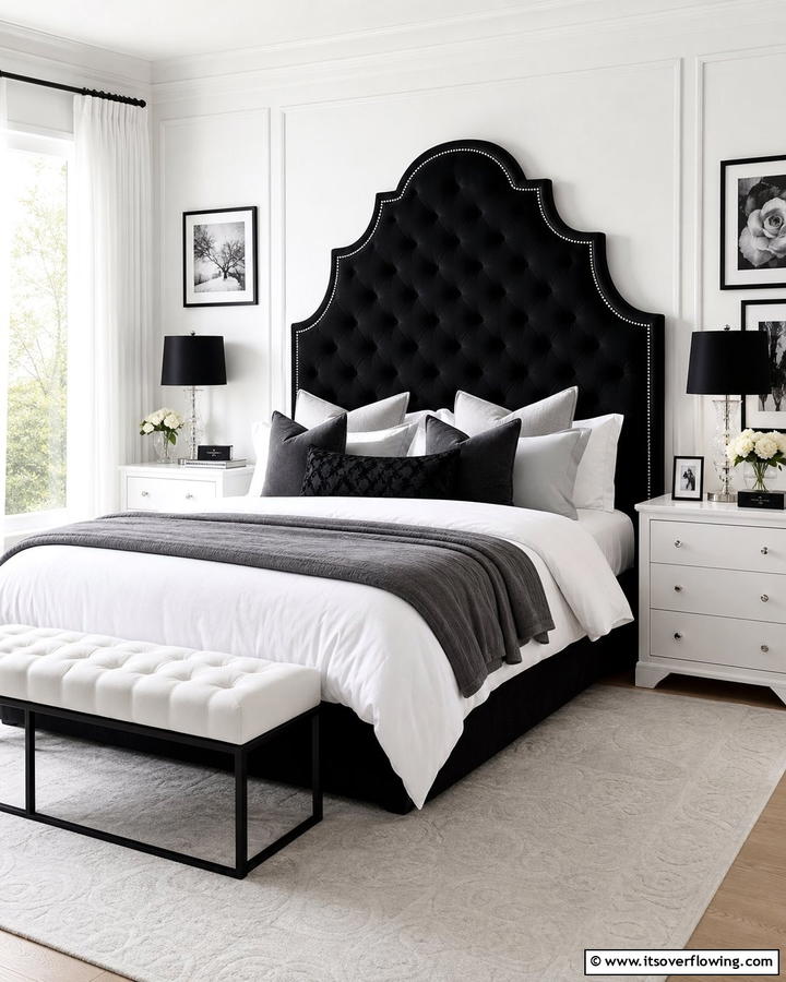 Black Statement Headboard - 20 Feminine Black and White Bedroom Ideas for Elegance