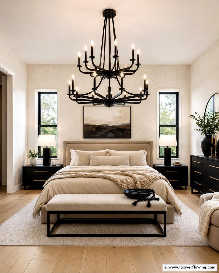 Black Statement Lighting Fixtures - 25 Elegant Black and Beige Bedroom Design Ideas