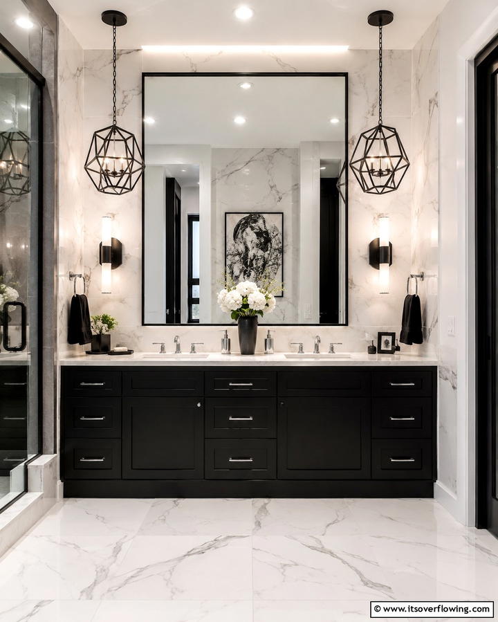 Black Statement Lighting - 25 Black Bathroom Ideas to Elevate Your Space