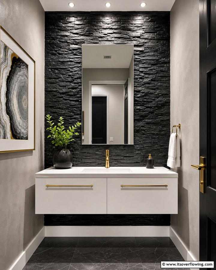 Black Stone Accent Wall - 25 Elegant Black Powder Room Ideas for a Bold Look