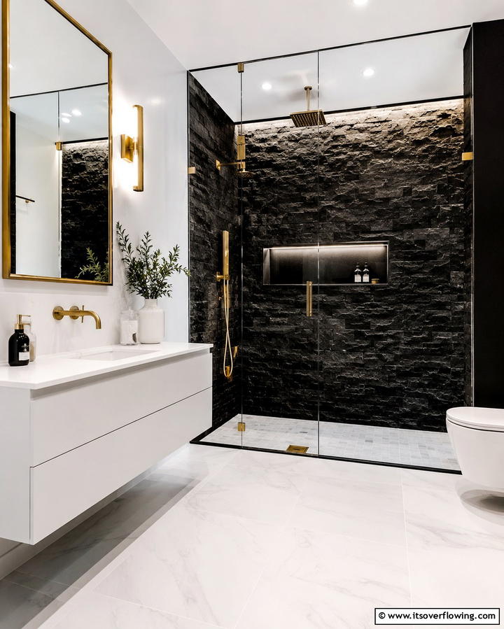 Black Stone Accent Walls - 20 Stone Shower Design Ideas for a Spa-like Bathroom